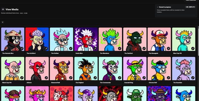 The image shows a "View Media" gallery displaying a grid of pixel-art bull avatars from the MooPunks NFT collection, featuring characters like "The Barnacle Moo," "The Architect," "Santa Moo," and many others against colorful solid backgrounds. This aligns with the accompanying post announcing the sold-out 5,555 MooPunks collection and the upcoming "MooFarm" phase, as the artwork previews the diverse bull characters that comprise the collection.