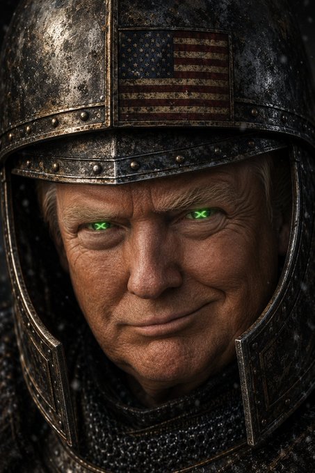 A digitally altered image shows Donald Trump in knight's armor with glowing green eyes and an American flag emblem on his helmet, conveying a sense of strength and determination as the $XRP community anticipates a new chapter.