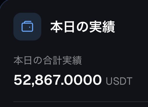 The image shows a dashboard display titled "本日の実績" (Today's Performance) with a wallet icon, showing a total of 52,867.00000 USDT for "本日の合計実績" (Today's Total Performance). This relates to the post about ORCA, which discusses how profits can be compounded by reinvesting earnings into additional AI agents, potentially achieving 50%+ monthly returns—the substantial USDT figure exemplifies the earnings possible through this reinvestment strategy.