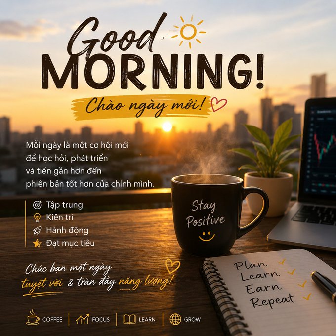 A Vietnamese motivational "Good Morning! Chào ngày mới!" graphic featuring a coffee mug with "Stay Positive" and a notebook listing "Plan, Learn, Earn, Repeat," set against a sunrise cityscape with elements like FOCUS, LEARN, and GROW.