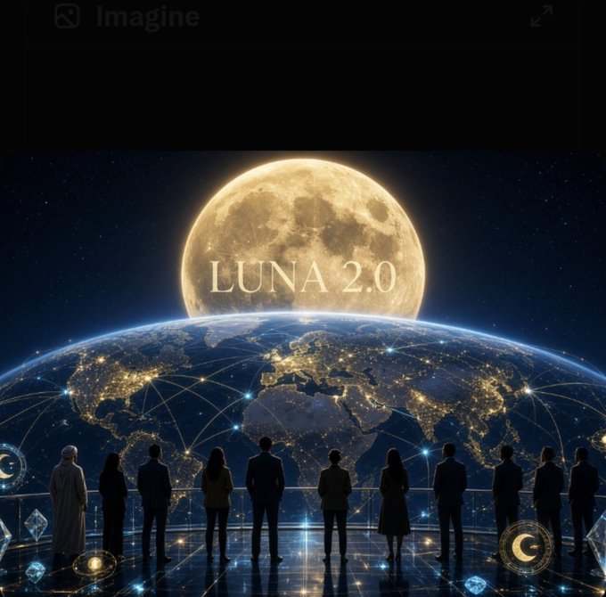 An AI-generated image showing silhouettes of people standing before Earth with a large glowing moon behind it, labeled "LUNA 2.0."