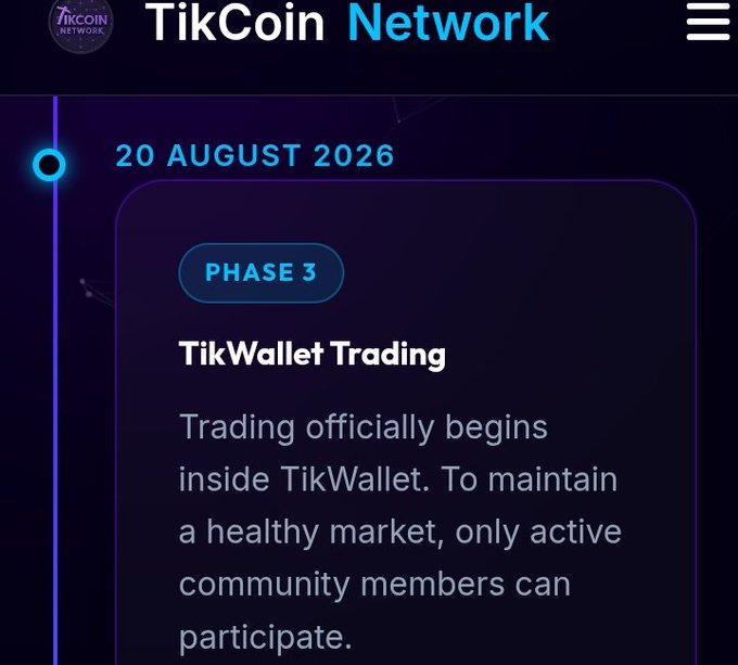 A screenshot from the TikCoin Network website displays a roadmap timeline entry for 20 August 2026, marking "Phase 3: TikWallet Trading," noting that trading officially begins inside TikWallet and that only active community members can participate. The image relates to the accompanying post by illustrating the project's evolving language and emphasis, as TikCoin appears to be shifting its promotional focus from P2P trading to its own internal TikWallet platform for the next phase.