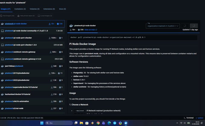 The image shows a Docker Hub search results page for "pinetwork," displaying the Pi Node Docker image `pinetwork/pi-node-docker` with tag `organization-mainnet-v1.0-pi28.0.1`, updated 1 day ago. This directly supports the post's announcement that #PiNetwork v28 has arrived on Docker, highlighting the new version and its rapid availability for download via the `docker pull pinetwork/pi-node-docker:organization-mainnet-v1.0-pi28.0.1` command shown in the detail panel.