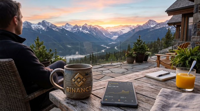 A scenic mountain view at sunset with a person sitting at a wooden table holding a mug labeled 'BINANCE' alongside a smartphone displaying crypto charts and a glass of orange juice.