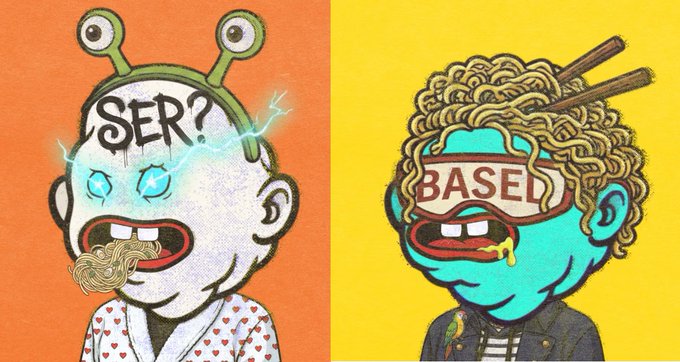A colorful cartoon illustration showing two characters side by side: on the left, a pale alien-like figure with 'SER?' on its forehead and a noodle mustache; on the right, a blue character with 'BASE' across its eyes and a bowl of noodles as a hat.
