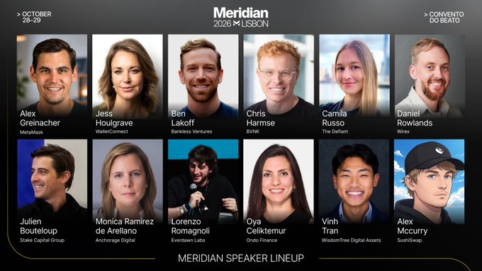 The image is a promotional graphic for "Meridian 2026 Lisbon," taking place October 28-29 at Convento do Beato, featuring a speaker lineup with headshots of 12 speakers. Each speaker is labeled with their name and affiliation, including Alex Greinacher (MetaMask), Jess Houlgrave (WalletConnect), Ben Lakoff (Bankless Ventures), Chris Harmse (BVN.K), Camila Russo (The Defiant), Daniel Rowlands (Wirex), Julien Bouteloup (Stake Capital Group), Monica Ramirez de Arellano (Anchorage Digital), Lorenzo Romagnoli (Everstake Labs), Oya Celiktemur (Ondo Finance), Vinh Tran (WisdomTree Digital Assets), and Alex Mccurry (SynthSwap). The graphic ties directly to the accompanying post by showcasing the high-profile Web3 and crypto industry speakers attendees can expect to hear from at the flagship event.
