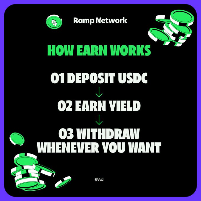 Ramp Network infographic explaining their earn program in three steps: 1) Deposit USDC, 2) Earn Yield, 3) Withdraw Whenever You Want, marked as #Ad.