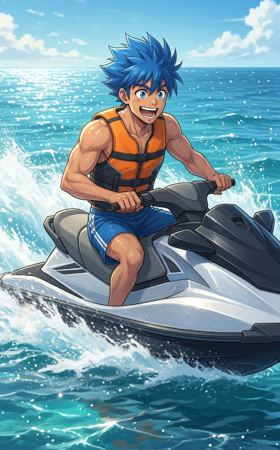 An anime-style illustration depicts a muscular blue-haired character in an orange life vest riding a jet ski across sparkling blue ocean waters.