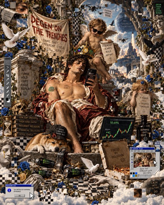 A complex baroque-style collage featuring a crowned figure smoking a cigarette while looking at a phone, surrounded by cherubs, a Shiba Inu dog, and text including 'DEGEN ON THE TRENCHES', 'FOMO HOLD COPE RAGE REPEAT', and various crypto-related phrases like 'DISSENTRAPT ALWAYS BUILD ANYWAY' and 'A HIGHER FOOL A BRIGHTER TOMORROW'.