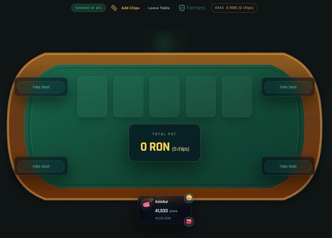 A digital poker table interface shows the player 'AxieAir' seated at position #4 with 41,533 chips, while the total pot displays '0 RON (0 chips)'.