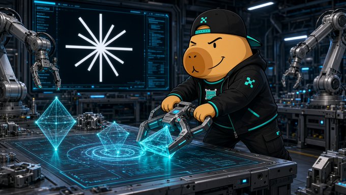 A cartoon mascot in a black cap and hoodie handles glowing geometric diamond shapes and a robotic claw on a holographic workspace, with a starburst logo visible on a screen behind them, visually representing the Axis Suite assets and their interactive physics-aware 3D scenes mentioned in the post.