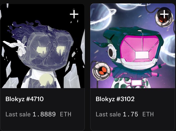 Two Blokyz NFTs are displayed side by side: Blokyz #4710 (Last sale 1.8889 ETH), featuring a dark crystalline character with glowing yellow eyes, and Blokyz #3102 (Last sale 1.75 ETH), depicting an astronaut-like figure with a pink visor set against a purple cosmic background—showcasing rare pieces from the collection that recently sold for around $4500.