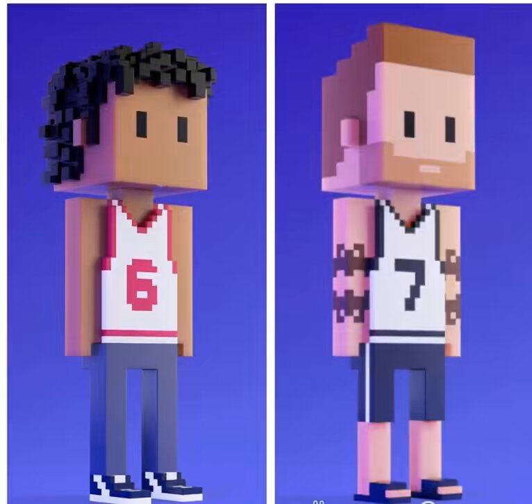 The image features two small, 3D-rendered figures of basketball players standing side by side against a blue background. The player on the left has a red jersey with the number 6, while the one on the right wears a white jersey with the number 7. Both figures are wearing shorts and have short hair. The post includes text that reads "Gm having a little @MeebitsNFTs fun with recent pick ups".