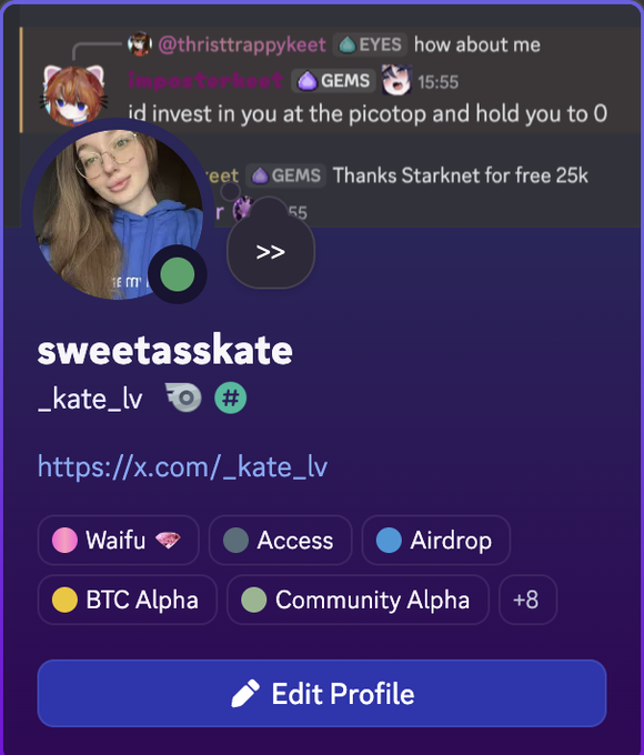 The image shows a Discord profile on the 0xAlphaGEMs platform for user "sweetasskate" (@_kate_lv), who is tagged as a "Waifu 💎" with various badges including BTC Alpha and Community Alpha, alongside chat messages mentioning "$GEMS," "EYES," and a comment about investing at picotop. The profile's self-described "waifu" status aligns with the caption's playful boast about being a waifu on the @0xAlphaGEMs platform.