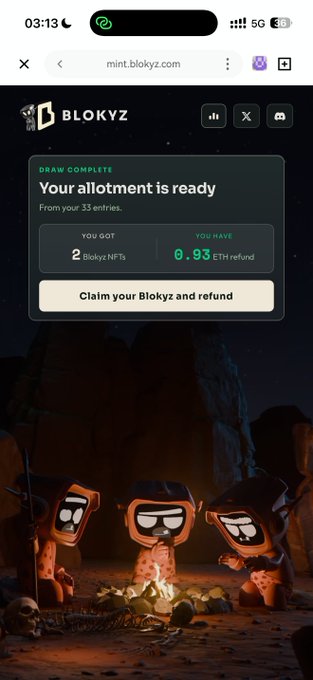 A mobile screenshot from mint.blokyz.com showing a 'DRAW COMPLETE' notification with 'Your allotment is ready', indicating the user got '2 Blokyz NFTs' and '0.93 ETH refund'.