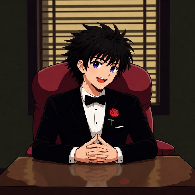 An anime-style illustration of a young man with spiky black hair and purple eyes, wearing a black tuxedo with a red rose boutonniere, sitting at a desk with his hands clasped.