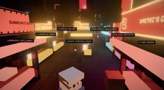 A low-poly 3D animated scene depicts a virtual game show stage with red and white blocky structures, featuring banners labeled 'SUMMIT' and 'KNIGHTS OF CH' and floating participant nameplates.