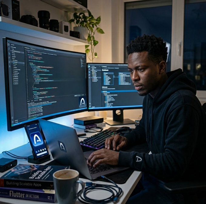 A young man working at a multi-monitor developer setup displaying code, with Flutter-related books like 'Building Scalable Apps' and 'Flutter in Action' on the desk, alongside a coffee mug and phone showing the Flutter logo.