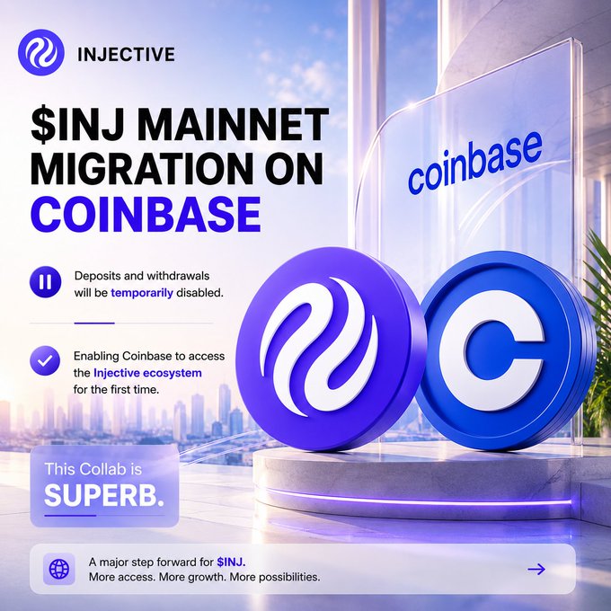 The image is a promotional graphic announcing the **$INJ mainnet migration on Coinbase**, noting that deposits and withdrawals will be temporarily disabled while enabling Coinbase to access the Injective ecosystem for the first time — directly visualizing the migration milestone mentioned in the post.