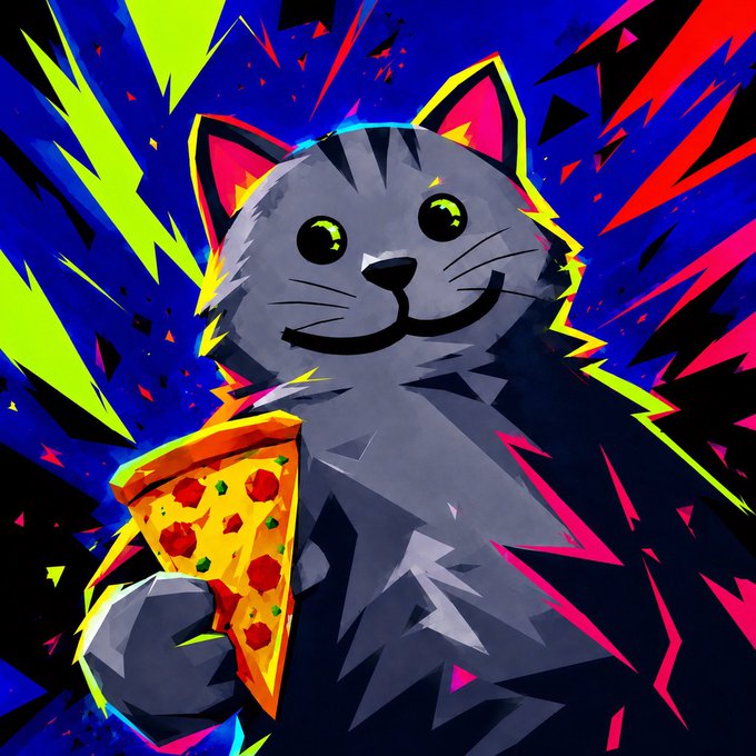A pop-art style digital illustration of a smiling gray cat holding a slice of pepperoni pizza, set against a dramatic background of neon blue, yellow, and red shards.