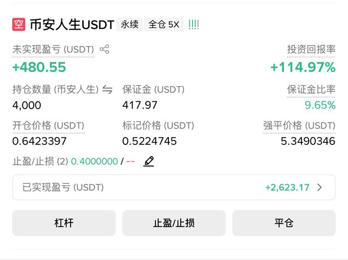 A cryptocurrency trading interface in Chinese displaying a 5X leveraged perpetual position on 币安人生USDT with an unrealized P&L of +480.55 USDT (+114.97% ROI), holding 4,000 units at an entry price of 0.6423397.