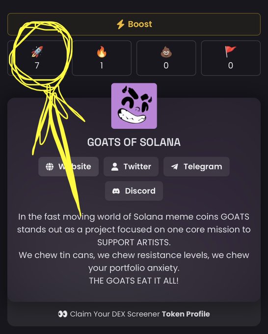 A screenshot of the 'GOATS OF SOLANA' crypto project page showing boost metrics (rocket:7, fire:1, poop:0, flag:0), social links, and text 'In the fast moving world of Solana meme coins GOATS stands out as a project focused on one core mission to SUPPORT ARTISTS.' with a drawn yellow figure overlay.