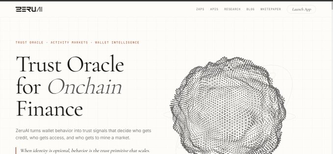 A website screenshot for ZeruAI titled 'Trust Oracle for Onchain Finance' with the tagline 'TRUST ORACLE · ACTIVITY MARKETS · WALLET INTELLIGENCE' and a fingerprint-like graphic.