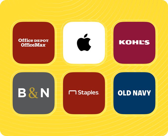 The image displays six brand logos—Office Depot OfficeMax, Apple, Kohl's, B&N (Barnes & Noble), Staples, and Old Navy—arranged in a grid on a yellow background, representing popular back-to-school retailers. This visual supports the promotional message highlighting up to 11% cashback rewards on these last-day back-to-school brands.