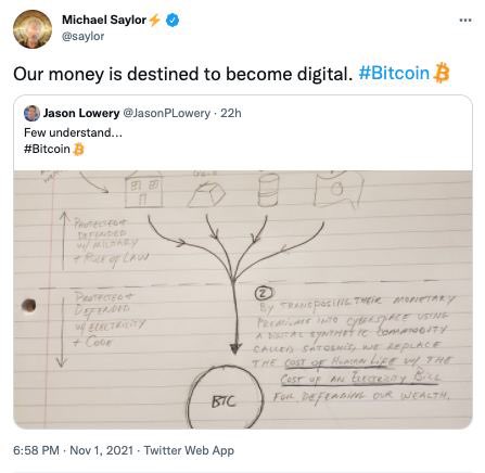 Michael Saylor (@saylor) retweets Jason Lowery's (@JasonPLowery) diagram on Bitcoin, adding the comment "Our money is destined to become digital," with the post timestamped 6:58 PM on November 1, 2021.