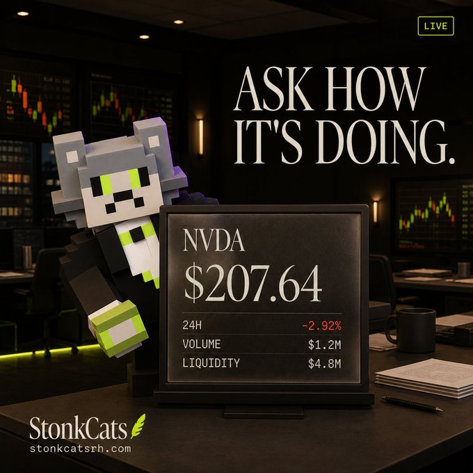 A promotional graphic for 'StonkCats' featuring a pixel art cat in a suit next to a monitor showing NVDA stock price at $207.64 with the text 'ASK HOW IT'S DOING.'