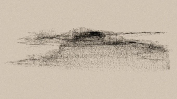A minimalist pen sketch drawing on cream paper depicting a loose, scribbled landscape with what appears to be a building or structure in the upper portion.