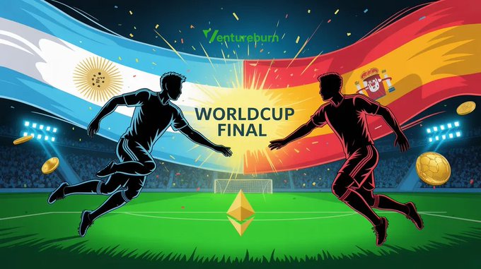 A digital illustration depicting a "WORLDCUP FINAL" match between silhouetted soccer players representing Argentina and Spain, with the Ventureburn logo at the top.