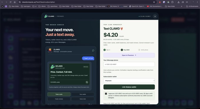 A computer desktop screenshot showing a web browser open to claudcompute.us, displaying a cryptocurrency token subscription service called 'CLAWD' priced at $4.20/month with a preview of a token called '$CLAWD'.