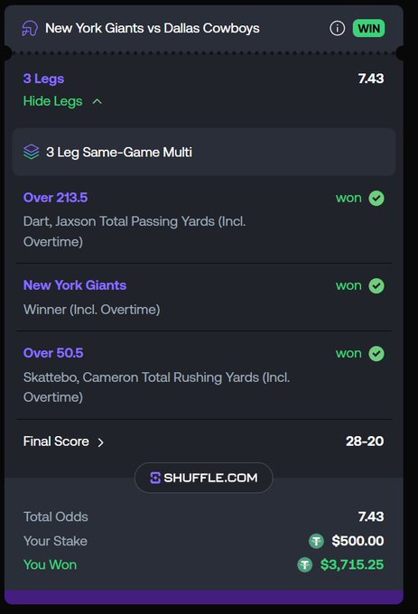 A screenshot from Shuffle.com displays a winning 3-leg parlay on the New York Giants vs. Dallas Cowboys game, with all three bets marked "won": Jaxson Dart Over 213.5 passing yards, Giants to win (28-20 final), and Cameron Skattebo Over 50.5 rushing yards. The $500 stake turned into a $3,715.25 payout at 7.43 total odds, illustrating the bettor's celebratory Week 1 NFL win mentioned in the post.