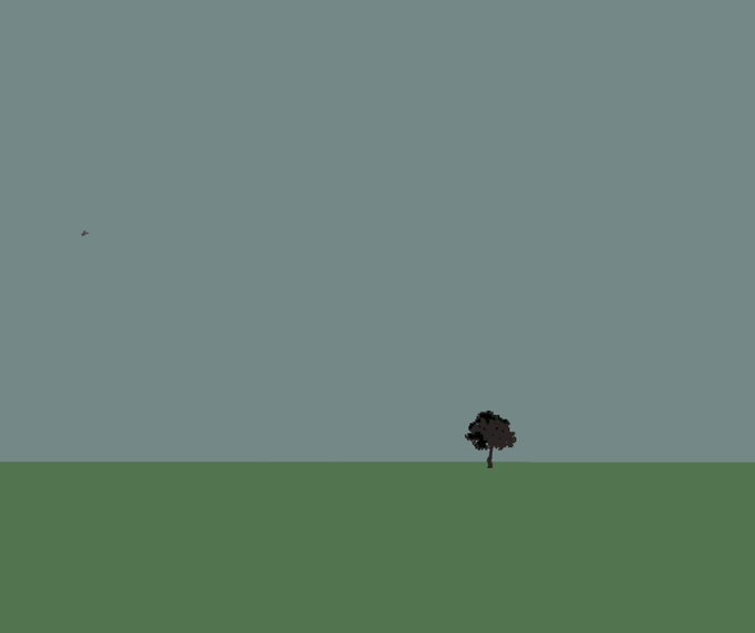 A minimalist pixel art landscape with a single small tree on a flat green field under a vast gray-blue sky, with a tiny bird flying in the distance.