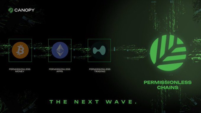 A dark green graphic for "CANOPY" showcases "PERMISSIONLESS CHAINS — THE NEXT WAVE" with icons for Permissionless Money (Bitcoin), Permissionless Apps (Ethereum), and Permissionless Trading.