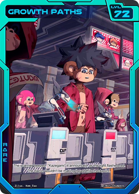 A trading card titled 'GROWTH PATHS' featuring an anime-style scene where a scanner identifies 'Kazegami' at a checkpoint, credited to Titus Kem Tao, with LVL 72.