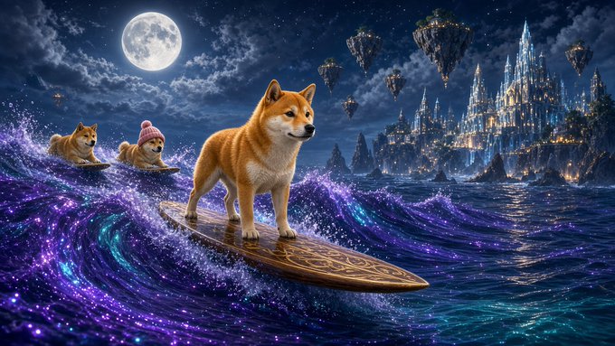 A fantasy digital artwork showing Shiba Inu dogs surfing on magical purple waves toward a glowing floating city under a full moon.