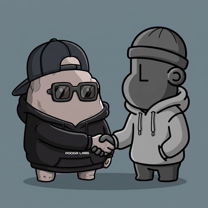 The image shows two cartoon characters shaking hands—one wearing a black hoodie, sunglasses, and a backwards cap (labeled "POOGA LABS"), and another in a gray hoodie and beanie—symbolizing a partnership or collaboration between the two entities, Pooga Labs and NPC On Chain, as referenced in the thank-you message.