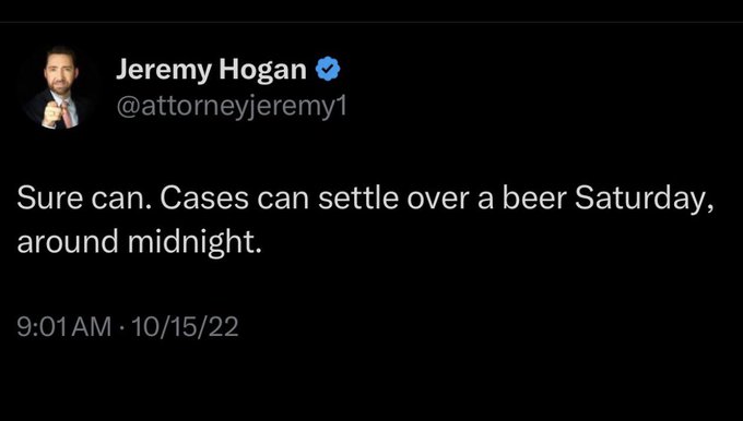 A tweet from attorney Jeremy Hogan (@attorneyjeremy1) dated October 15, 2022, reads: "Sure can. Cases can settle over a beer Saturday, around midnight." The image relates to the accompanying post, which suggests that Hogan—appearing to hold a beer in his profile picture—hinting at a potential settlement on a Saturday (close to International Beer Day) is a sign of a crypto market bottom.