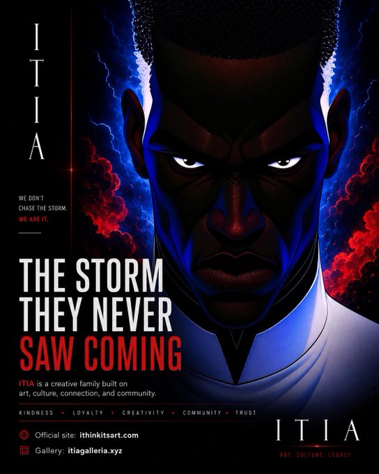 A stylized promotional poster for 'ITIA' featuring a serious man's face with the text 'THE STORM THEY NEVER SAW COMING' and core values 'KINDNESS • LOYALTY • CREATIVITY • COMMUNITY • TRUST'.