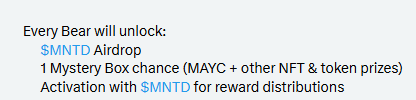 A simple gray graphic listing airdrop rewards: "Every Bear will unlock $MNTO Airdrop, 1 Mystery Box chance (MATIC + other NFT & token prizes), Activation with $MNTO for reward distributions."