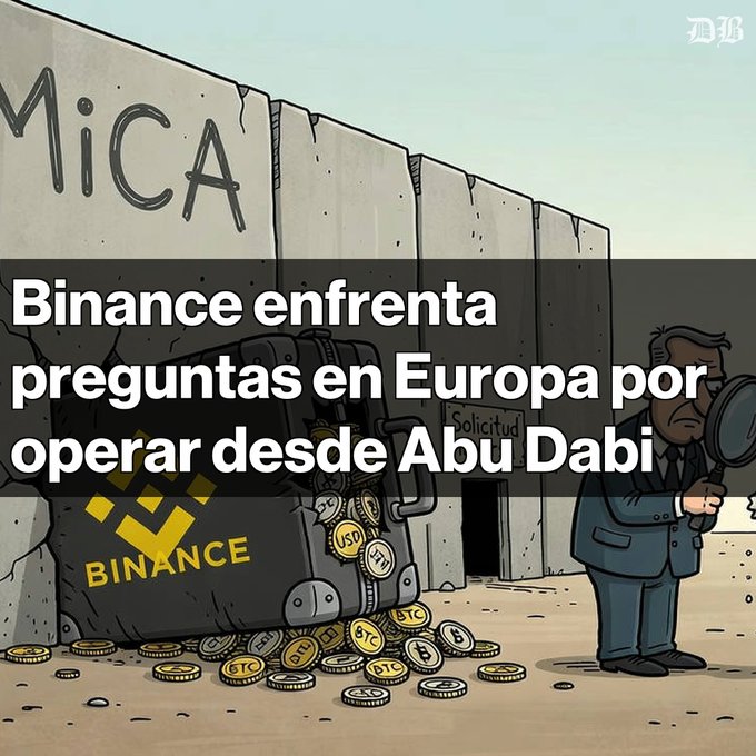 An editorial illustration showing a Binance safe overflowing with cryptocurrency coins spilling out, with text overlay reading 'Binance enfrenta preguntas en Europa por operar desde Abu Dabi' and 'MiCA' on a concrete wall.
