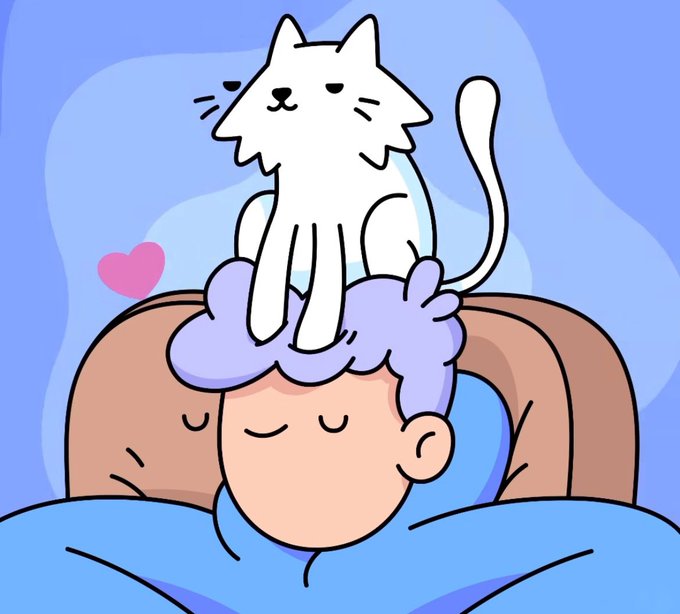 The image features a man with purple hair, wearing a blue hoodie, sitting comfortably on a couch while a white cat sits on his head. The scene takes place against a blue background, which complements the color of the man's hair and the cat's fur. The image also includes a heart in the top left corner, adding to its overall charm and appeal.