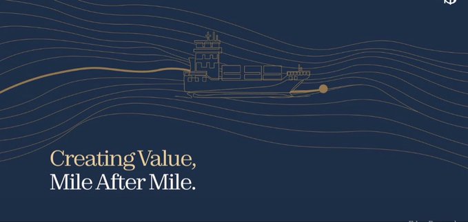 A navy blue graphic featuring a stylized ship with containers sailing on wavy lines, accompanied by the text 'Creating Value, Mile After Mile.'