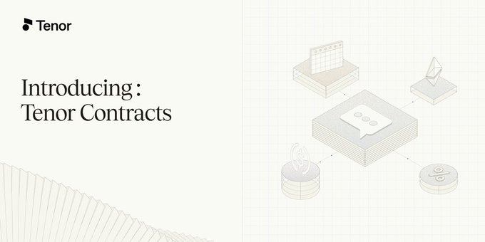 The image is a promotional graphic featuring the Tenor logo in the top left, with the heading "Introducing: Tenor Contracts" on the left side. The right side displays an isometric illustration showing interconnected icons—including a calendar, Ethereum logo, chat bubbles, and a coin—visually representing the smart contract features like auto-renewal, lending functionality, and gated markets mentioned in the post.