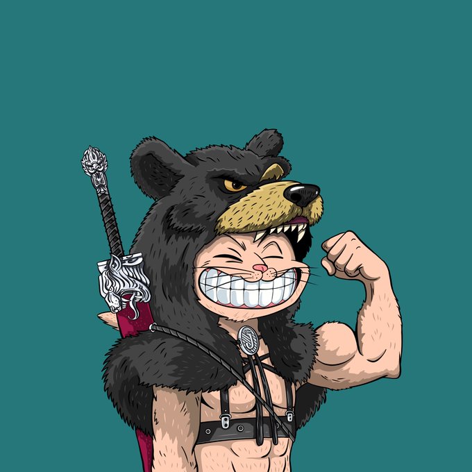 A cartoon illustration shows a muscular figure flexing while wearing a black bear head mask and carrying a sword on their back, set against a teal background.