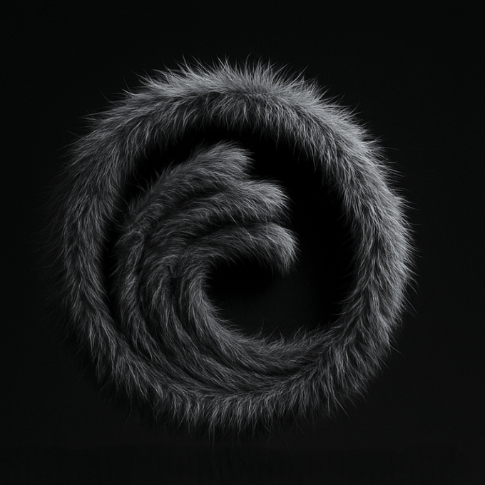 Monochromatic grayscale image depicting a coiled rope of dark fur or hair shaped into a spiral against a solid black background.