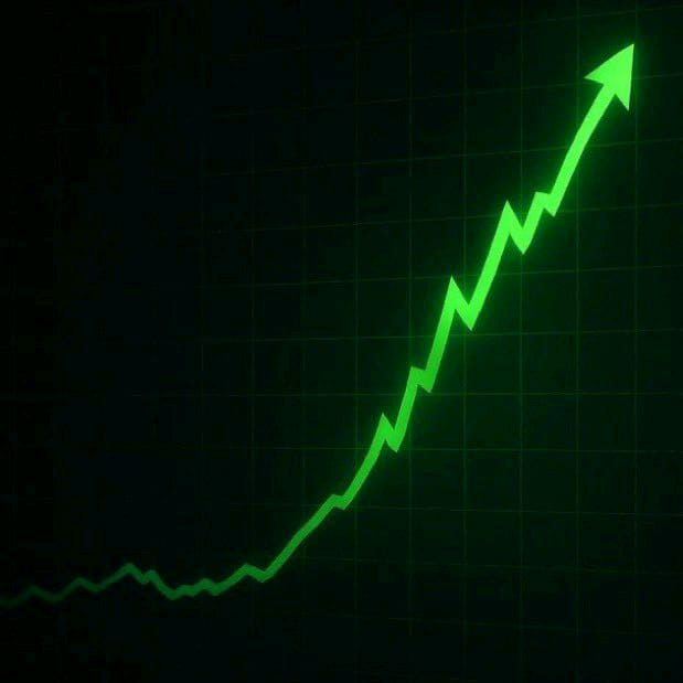 A glowing green chart line zigzags sharply upward against a dark grid background, ending in an arrow pointing to the top right corner. The image visually represents the dramatic "100x" or "1000x" gains implied in the post, symbolizing the explosive growth potential of a low-market-cap memecoin.