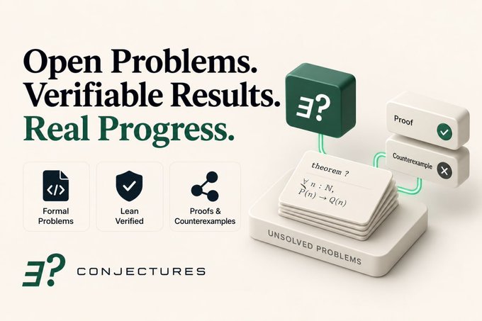 An advertisement for Conjectures featuring the text 'Open Problems. Verifiable Results. Real Progress.' alongside icons for Formal Problems, Lean Verified, and Proofs & Counterexamples.